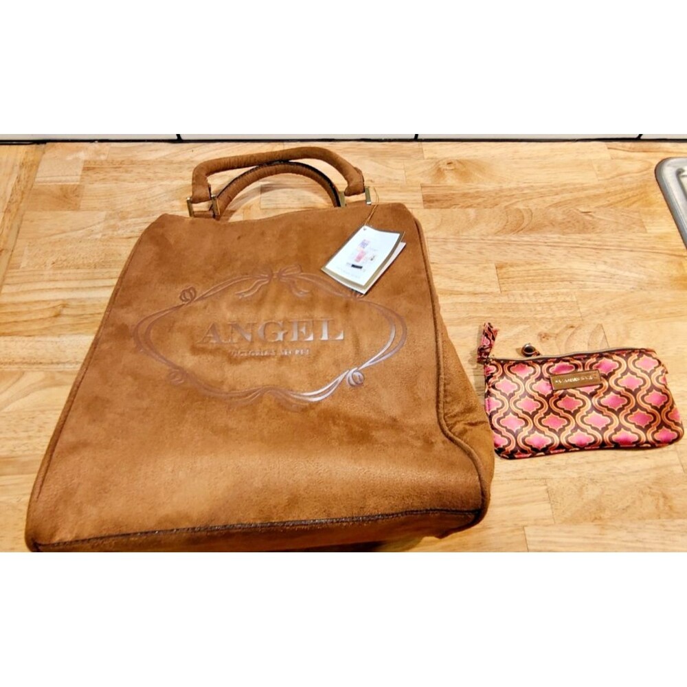 Victoria's Secret Angel Brown Faux Suede Tote Handbag Matching Pink Satin Pouch